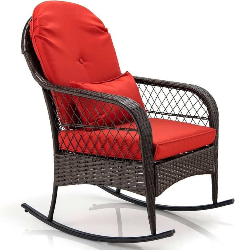 COSTWAY Rattan Rocking Chair with Red Cushions, Swing Chair, Relaxing Chair  for Backyard, Garden, Balcony,  x  x  cm