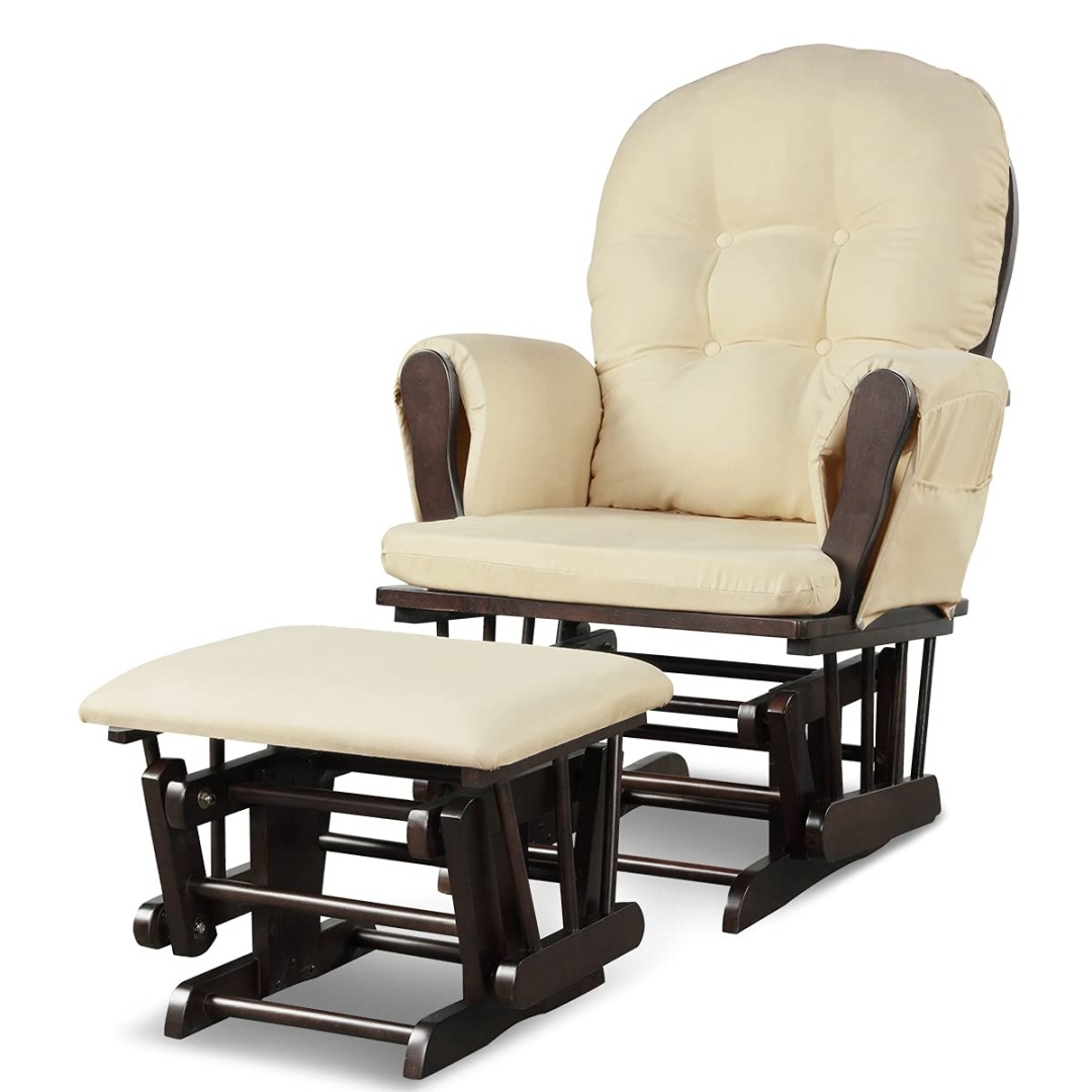 COSTWAY Rocking Chair with Ottoman, Relaxing Chair Made of Solid