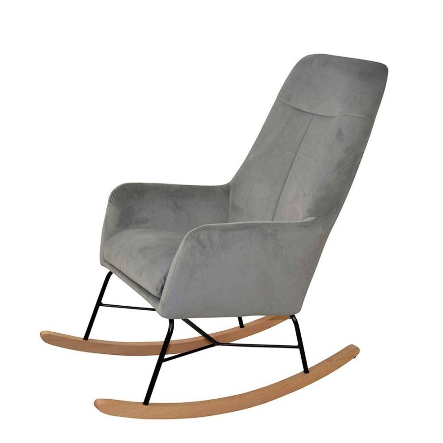 Moderner Schaukelstuhl aus Samt in Grau mit Unterbau aus Holz
